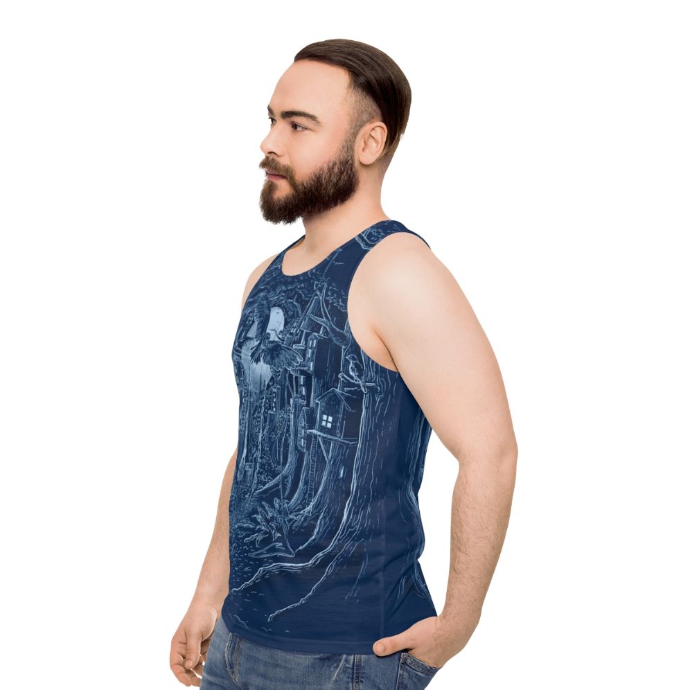 Enchanting forest unisex tank top with moonlit cityscape and wildlife - men side