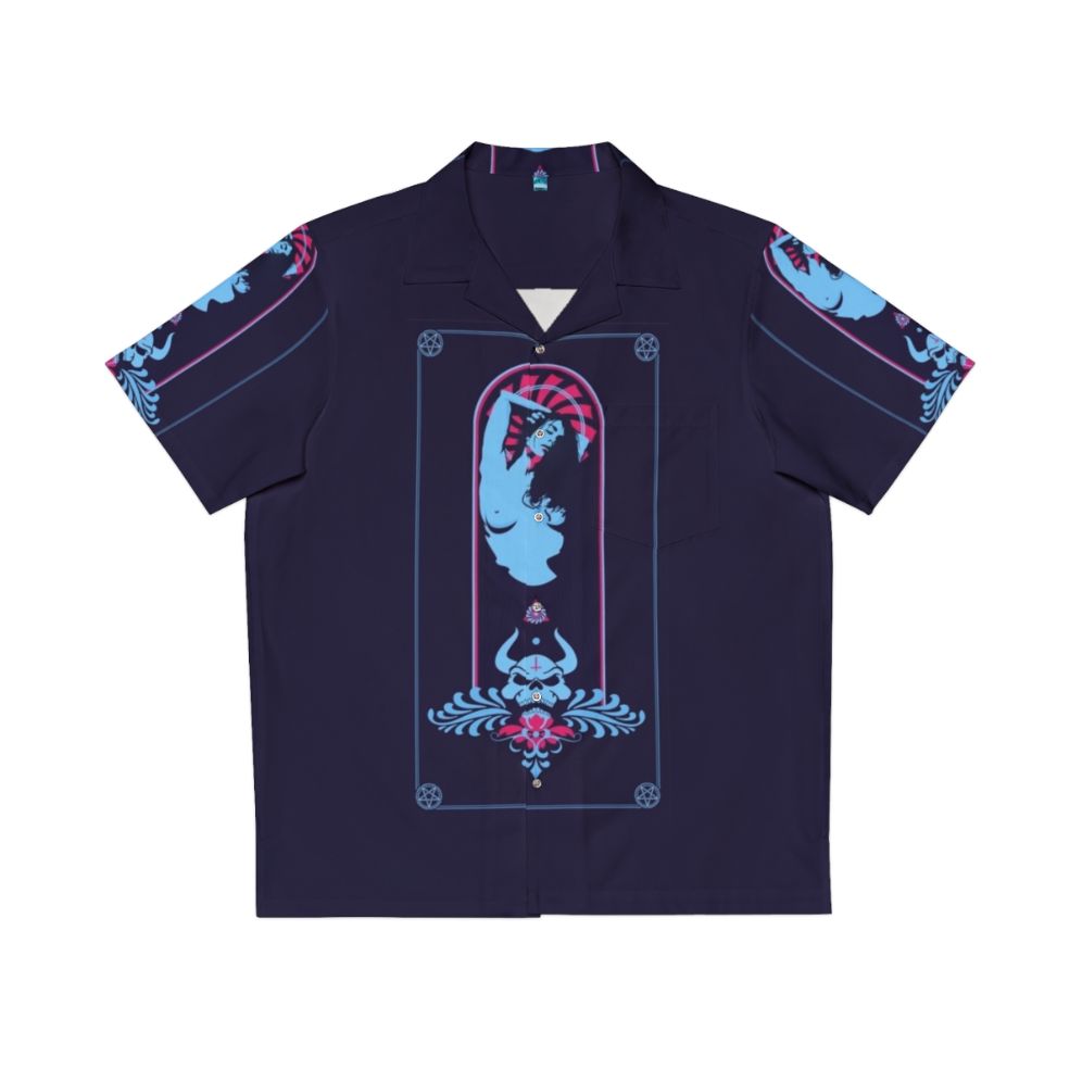 Satanic-inspired Hawaiian shirt with occult symbols and heavy metal imagery