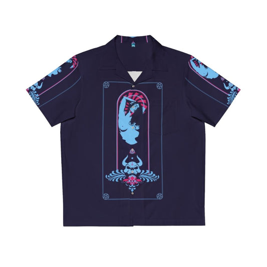 Satanic-inspired Hawaiian shirt with occult symbols and heavy metal imagery