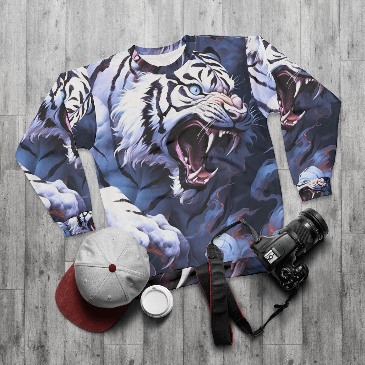 White tiger legendary animal print on sweatshirt - flat lay