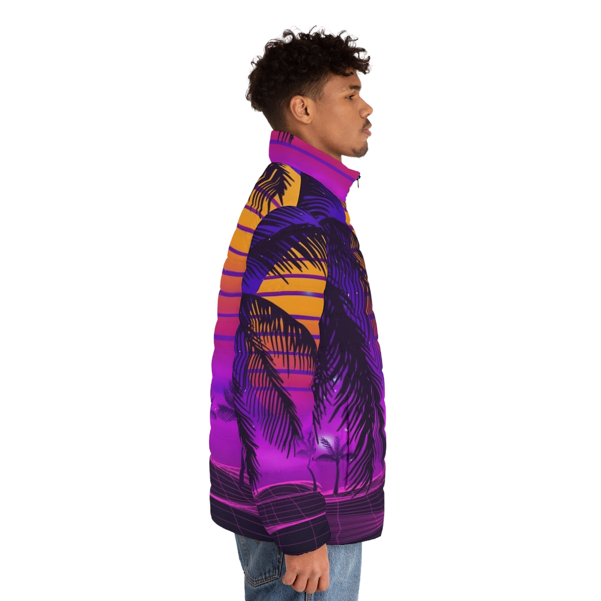 Retro 80s synthwave puffer jacket with neon sunset aesthetic - men side right