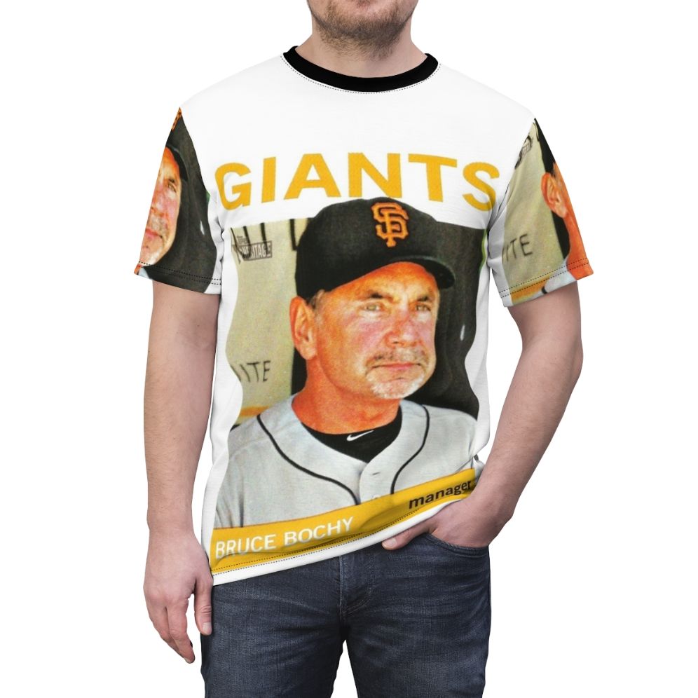 Stylish t-shirt featuring a design honoring legendary baseball manager Bruce Bochy - men front