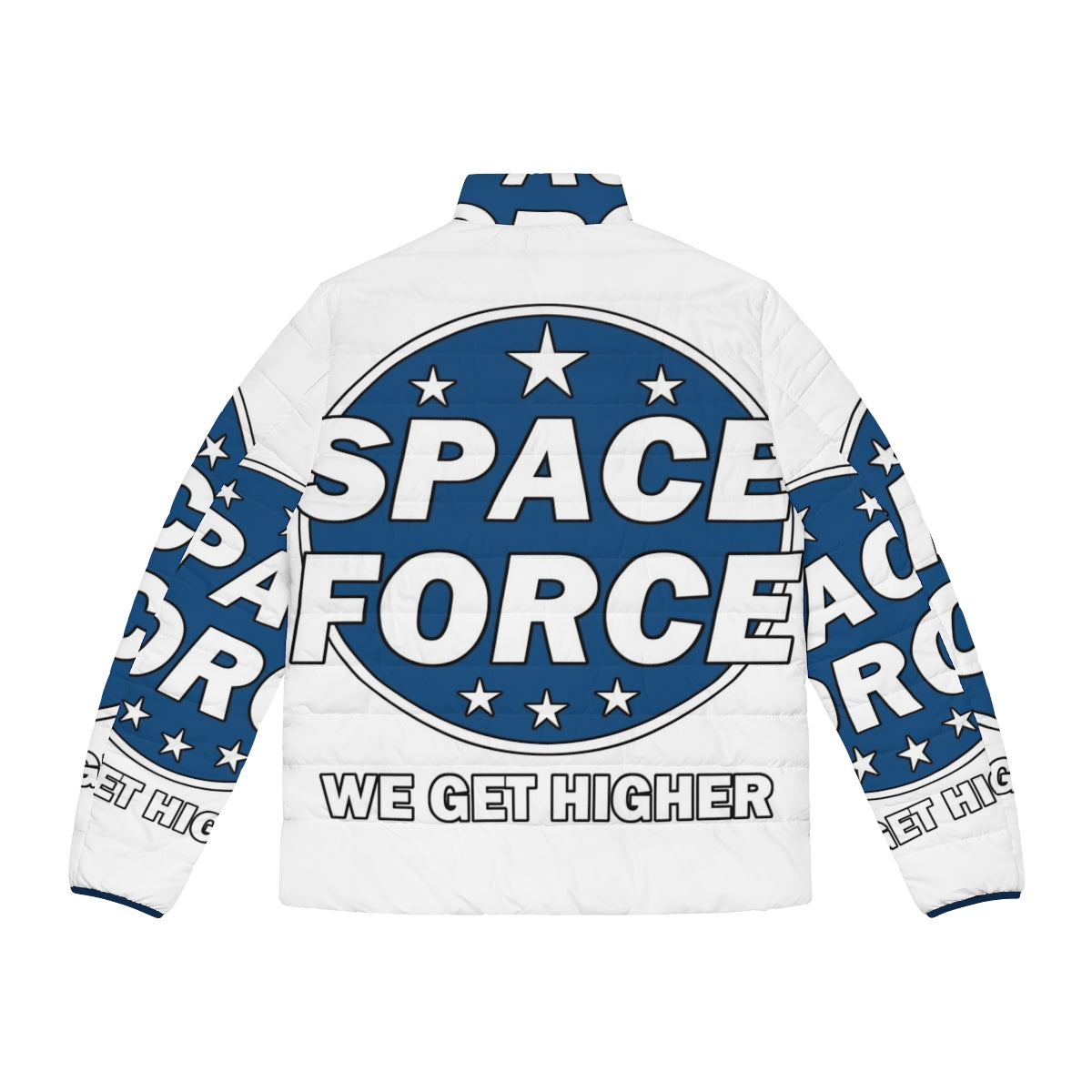 Space Force Puffer Jacket with "We Get Higher" quote from the Netflix series - Back