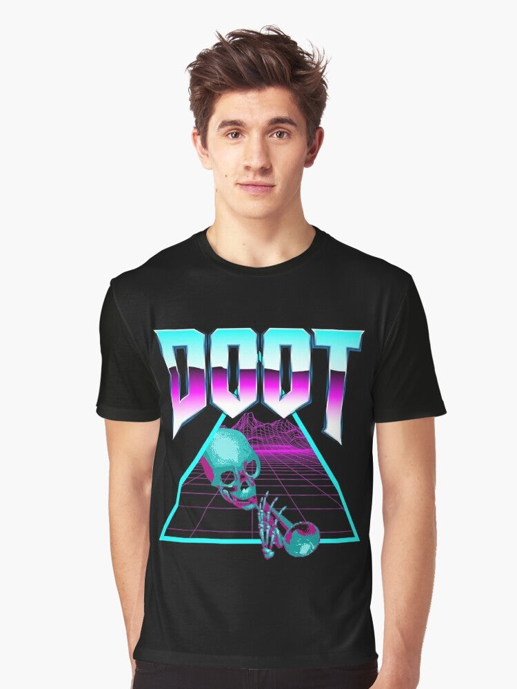 Outrun vaporwave and synthwave graphic t-shirt with retro 80s/90s aesthetic, palm trees, and meme-inspired "doot" design - Men