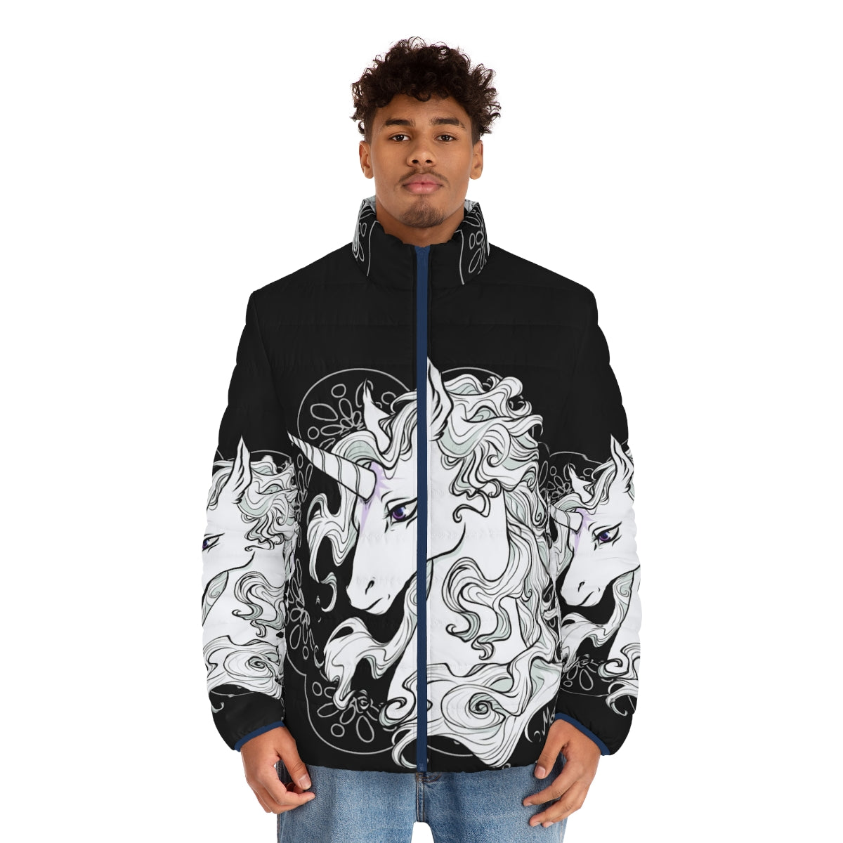 The Last Unicorn Black Puffer Jacket featuring a majestic unicorn design - men front