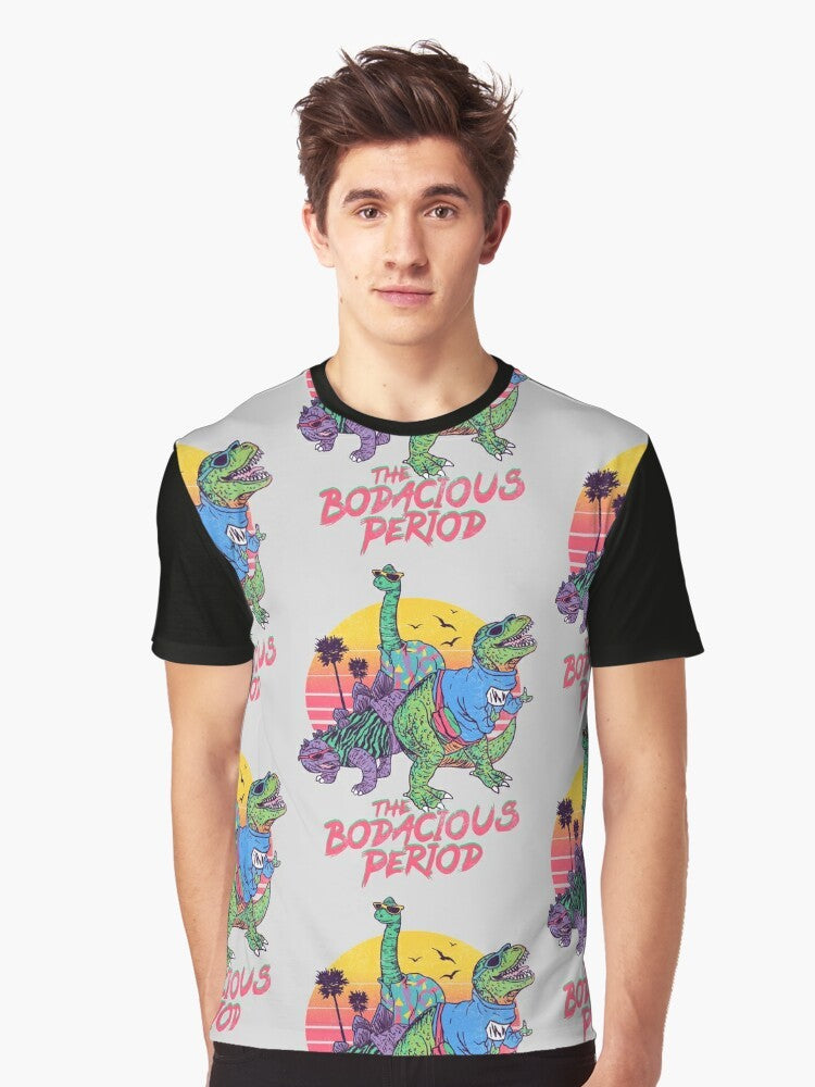 Retro dinosaur graphic t-shirt with a cool, funky design featuring a tyrannosaurus rex, stegosaurus, and other prehistoric creatures. - Men