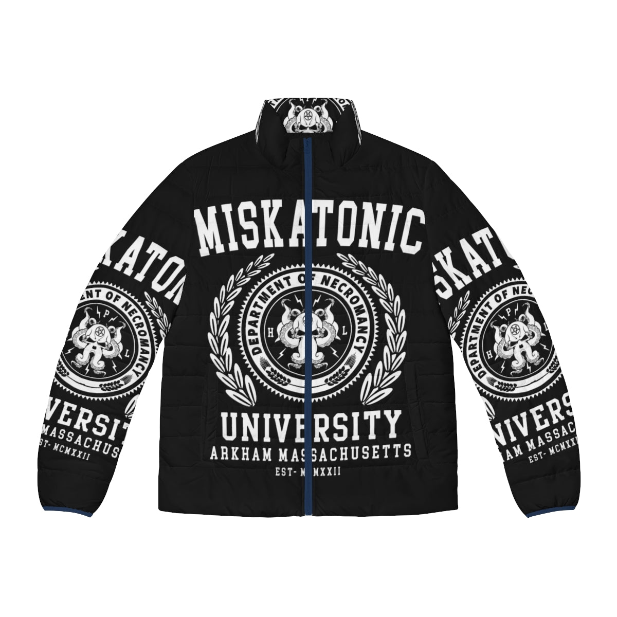 Cthulhu-themed puffer jacket featuring Miskatonic University and Lovecraft horror references