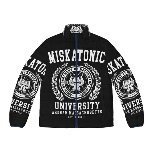 Cthulhu-themed puffer jacket featuring Miskatonic University and Lovecraft horror references