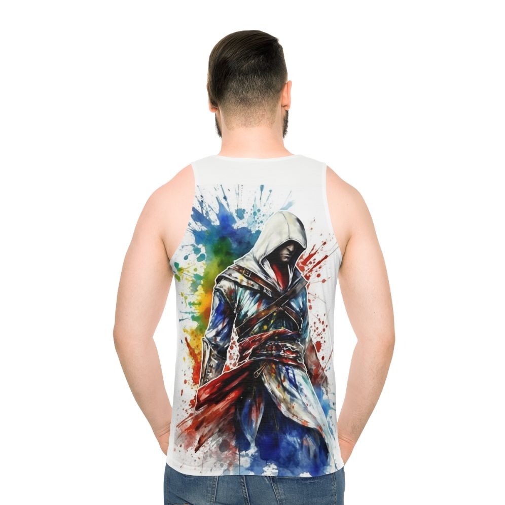 Assassin's Creed unisex tank top with a splatter sketch design - men back