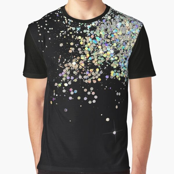 Black and holographic sparkle graphic t-shirt with a modern and trendy design