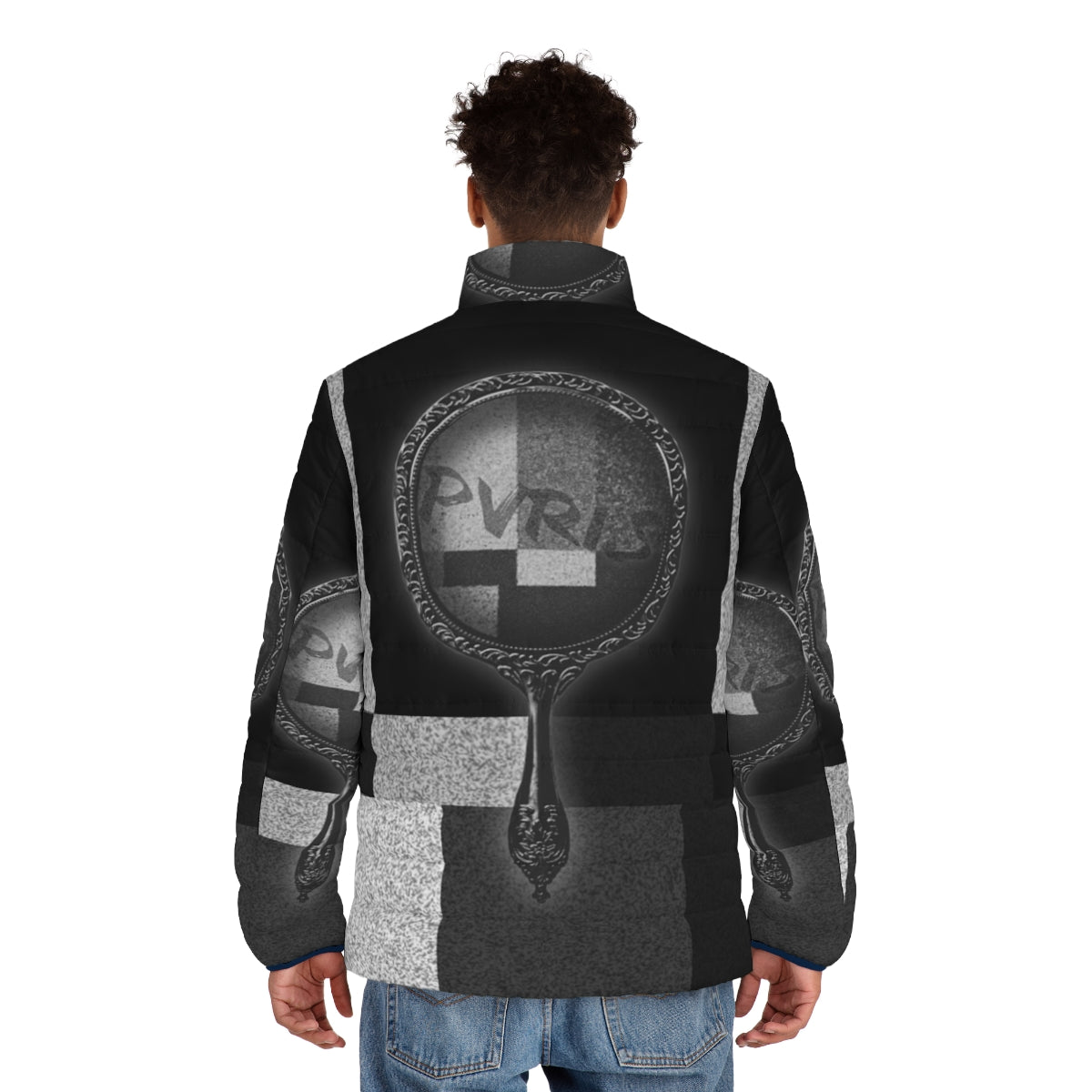 Pvris White Noise Puffer Jacket featuring the band's logo and artwork - men back