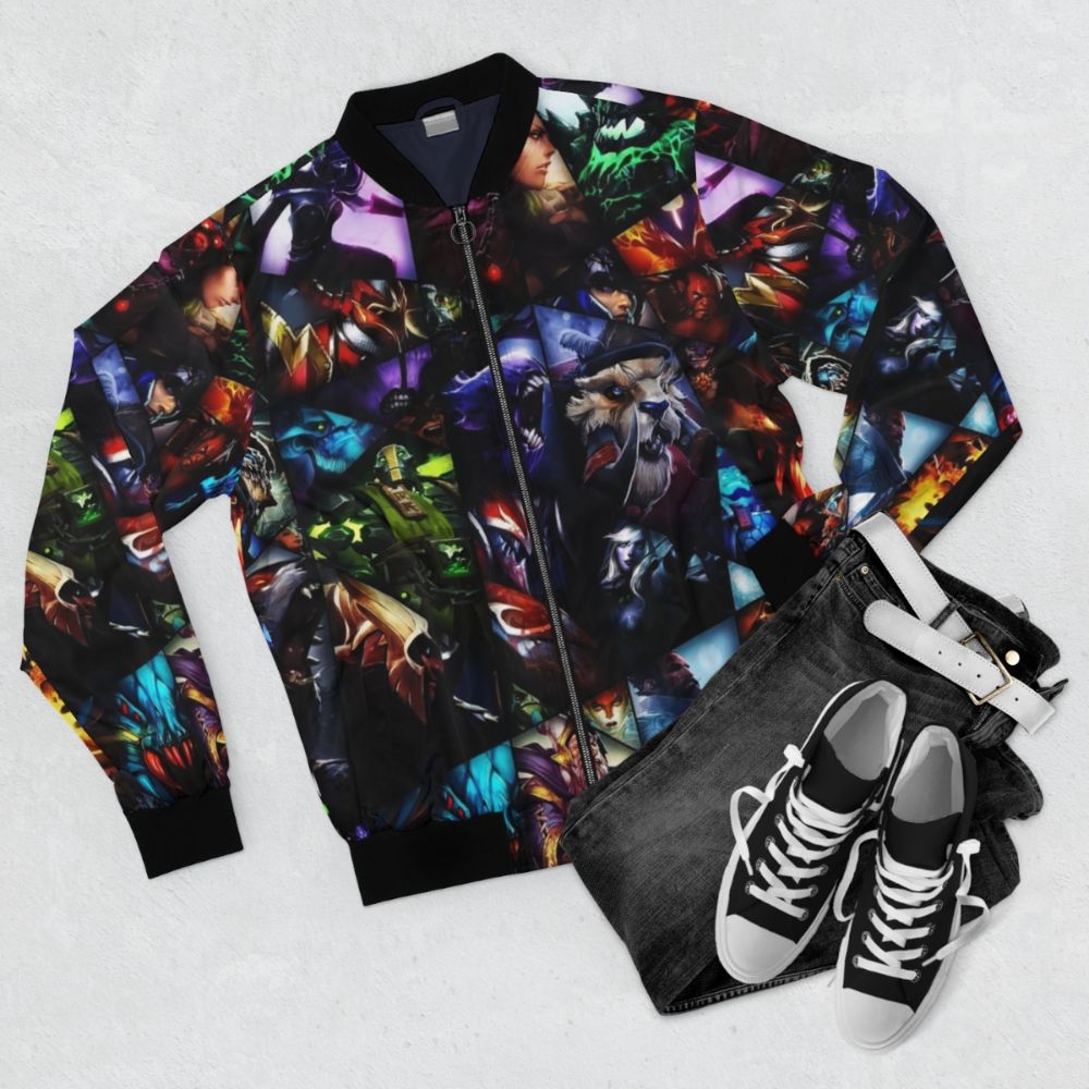 Dota 2 gaming bomber jacket with 'BOOOOOM' graphic design, featuring Dota 2 heroes and characters. - Flat lay