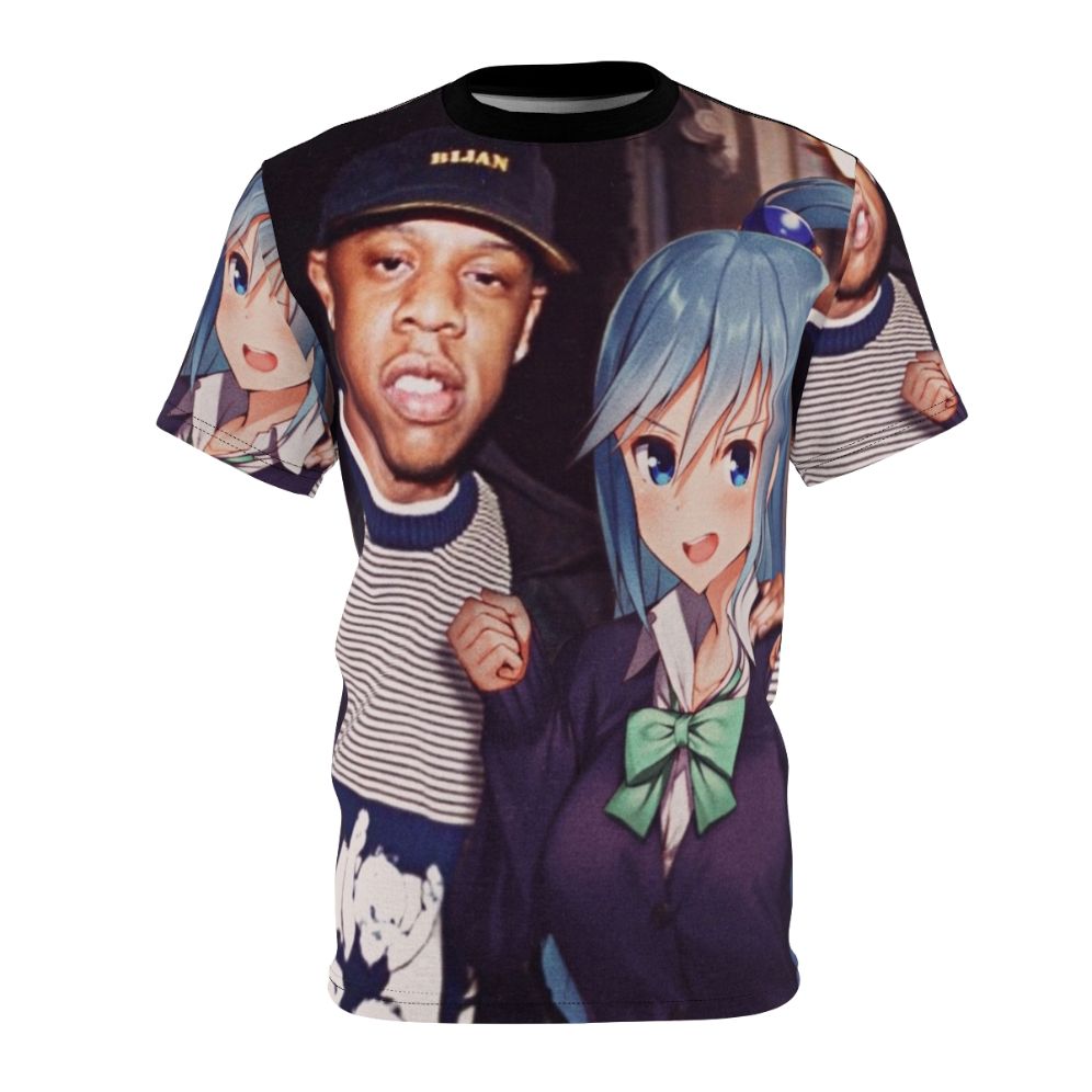 Aqua anime-inspired graphic t-shirt with Jay Z rapper design