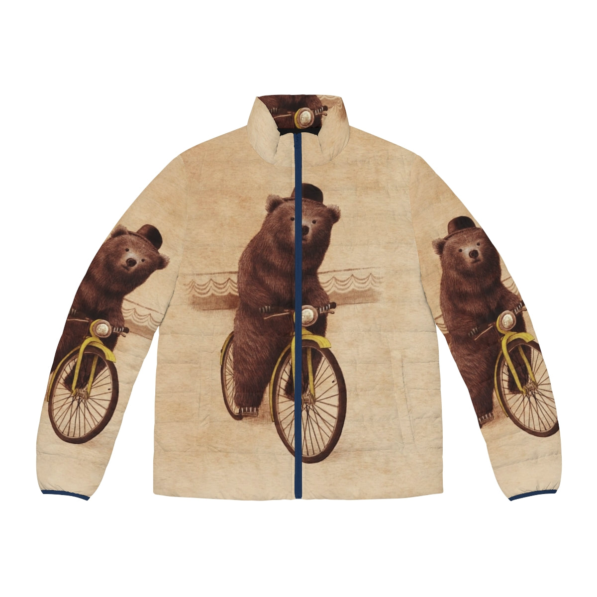 Barnabus vintage puffer jacket featuring a whimsical illustration of a bear cycling in a retro style