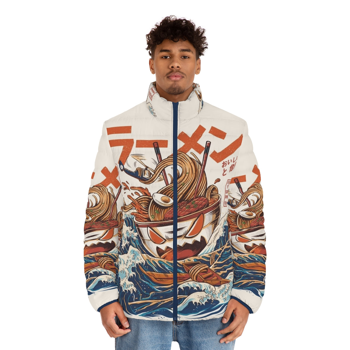 Puffer jacket featuring a vintage Japanese-style illustration of a kaiju monster emerging from a bowl of ramen noodles - men front