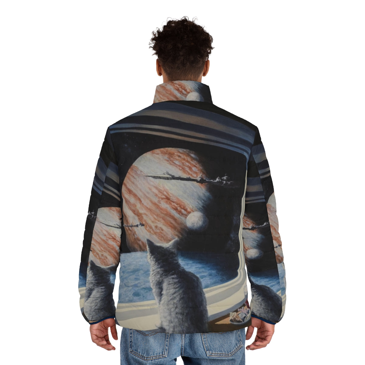 A stylish puffer jacket featuring a cat in a space suit, against a backdrop of a science fiction painting. - men back