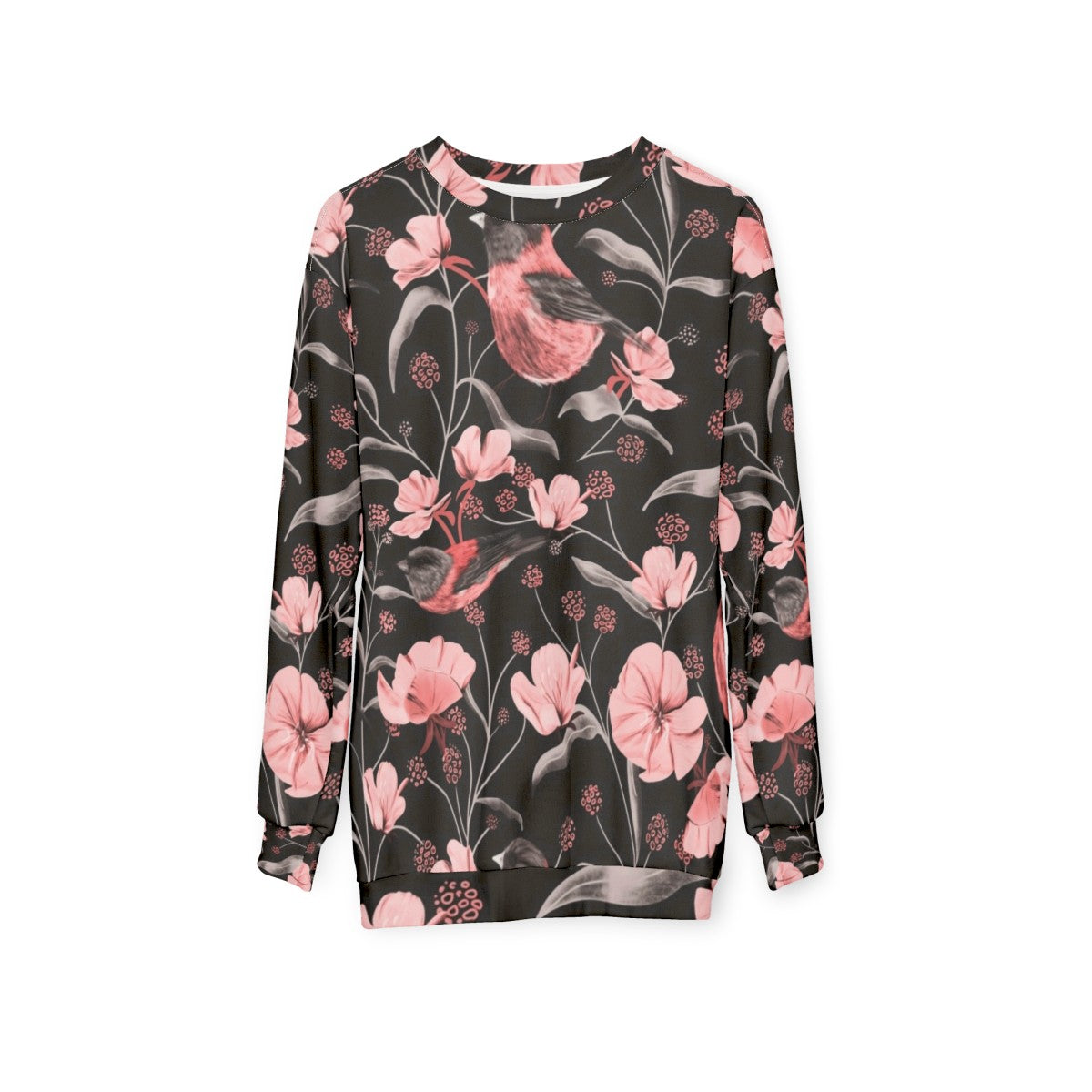 Pink birds and flowers botanical design on a sweatshirt - hanging