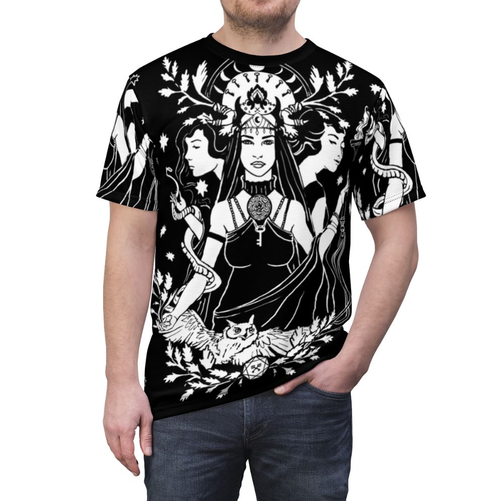 Hekate triple goddess AOP t-shirt featuring a mystical design - men front