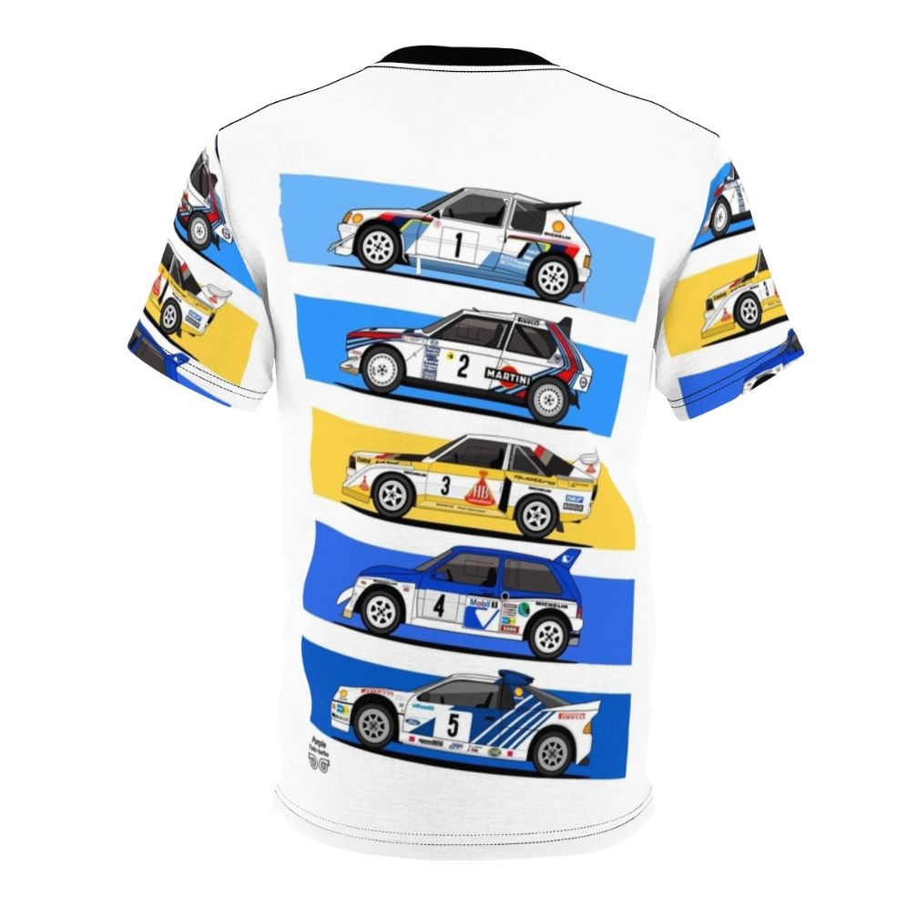 Vintage 1980s Group B rally inspired t-shirt design featuring classic rally cars and motorsport icons - Back