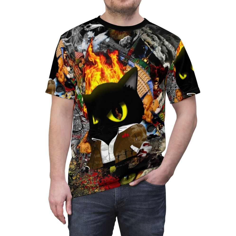 T-shirt featuring a cat behemoth, inspired by the novel "The Master and Margarita" by Mikhail Bulgakov - men front