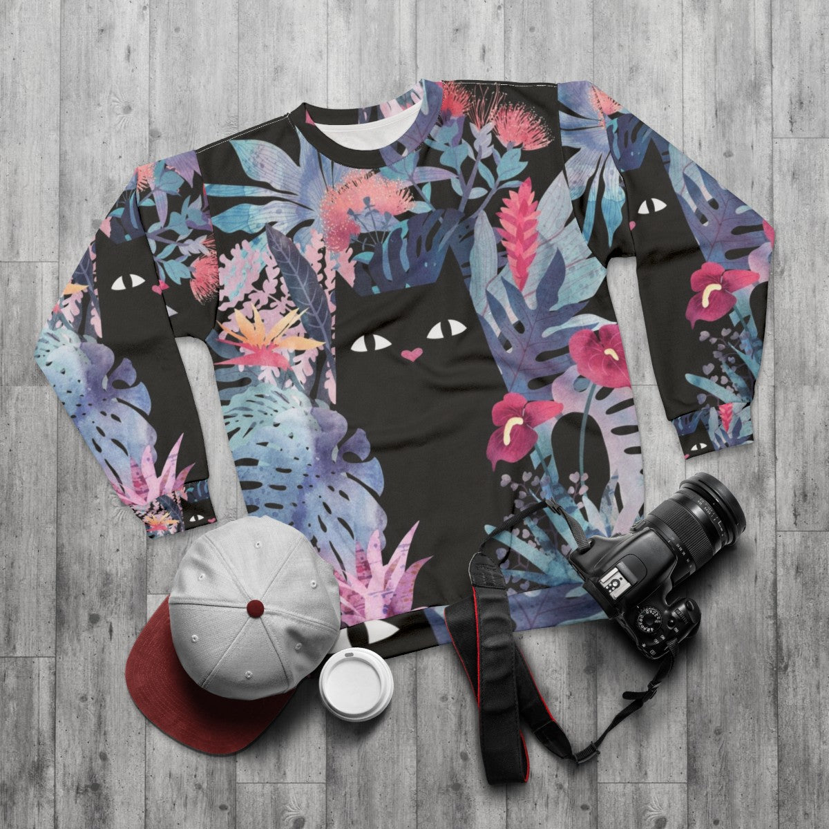 Pastel black velvet floral cat sweatshirt - flat lay