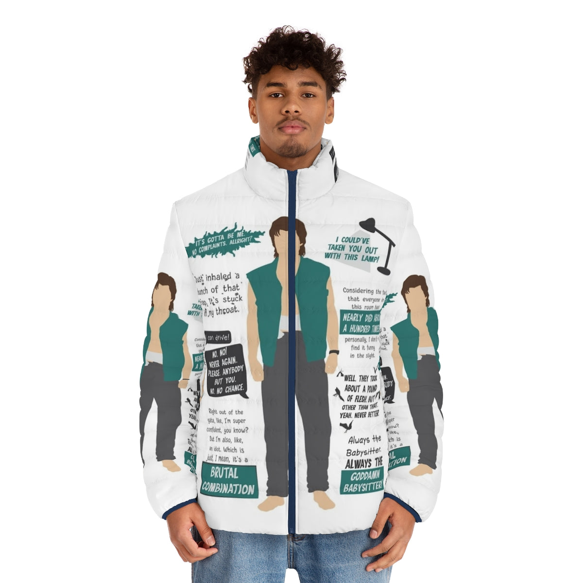 Minimalist puffer jacket featuring quotes from Steve Harrington in Stranger Things Season 4 - men front