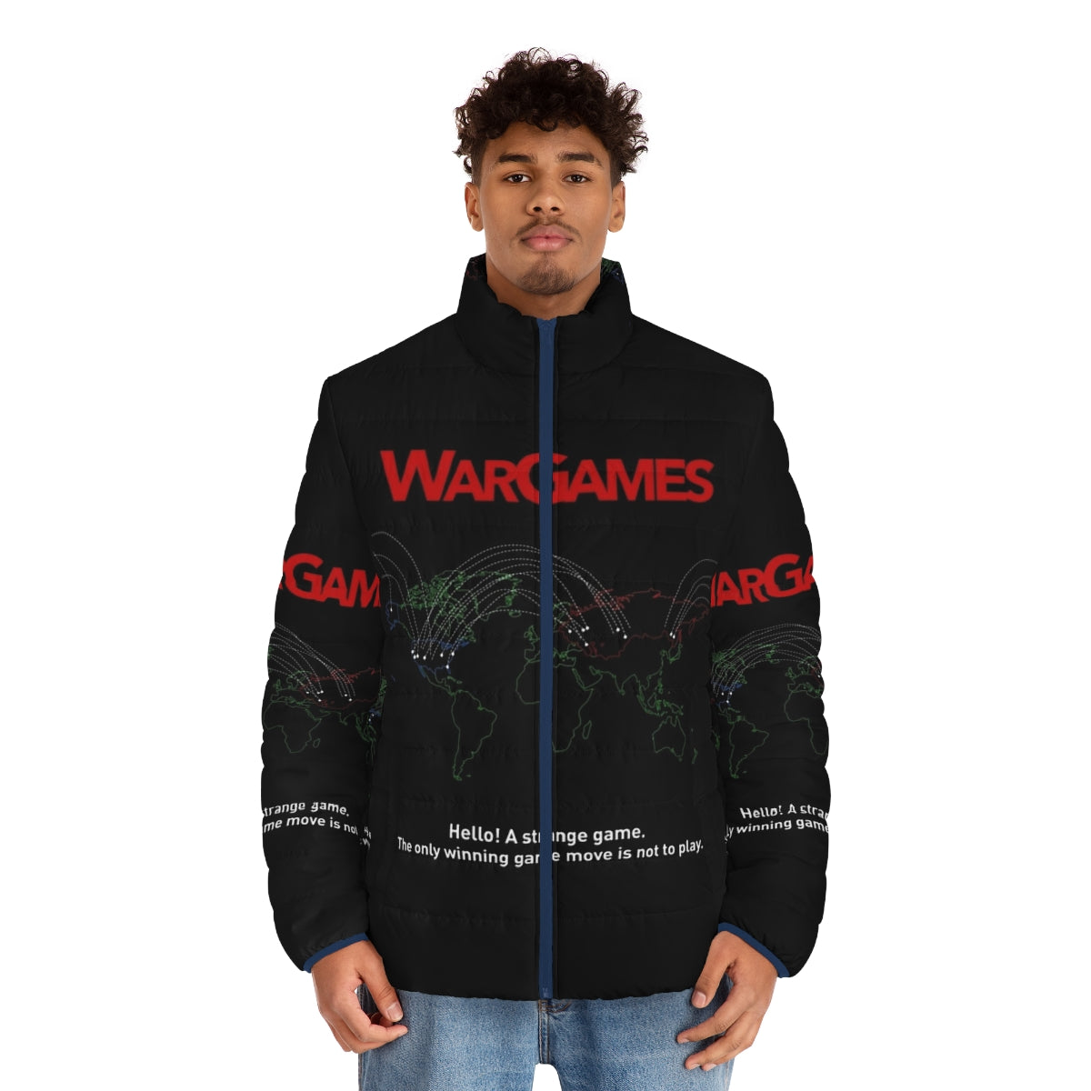 "War Games (1983)" puffer jacket featuring hacker, retro gaming culture design - men front