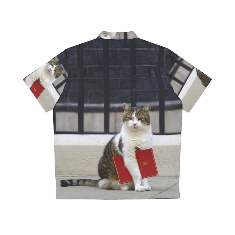 Larry the Cat wearing a red file Hawaiian shirt - Back