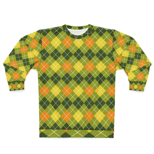 Yellow, orange, and green argyle pattern sweatshirt