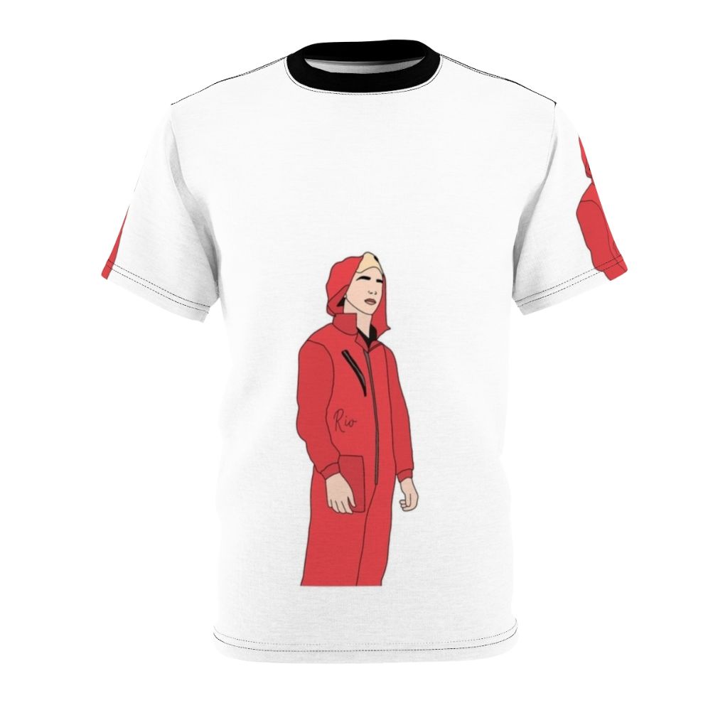 Illustration of Money Heist character Rio on a t-shirt