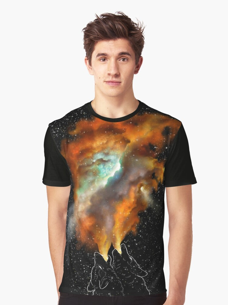 Graphic t-shirt featuring a design of wolves and stars in a cosmic, galaxy-inspired pattern. - Men