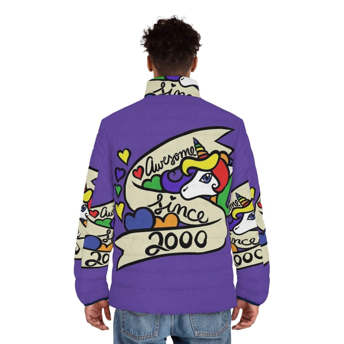 Awesome Since 2007 Puffer Jacket featuring a unicorn design - men back