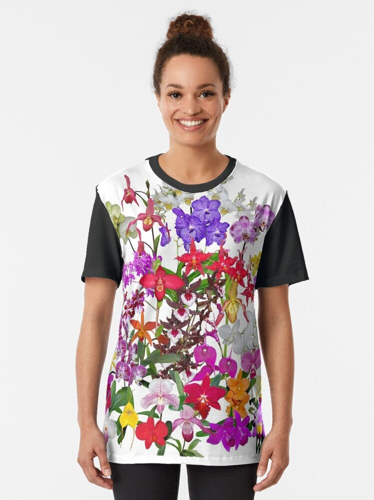 Vibrant orchid flower graphic t-shirt featuring a celebration of nature's floral beauty. - Women