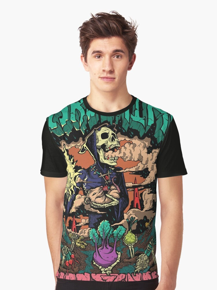 Gardening Death Graphic T-Shirt featuring a skull, plants, and the Grim Reaper. - Men