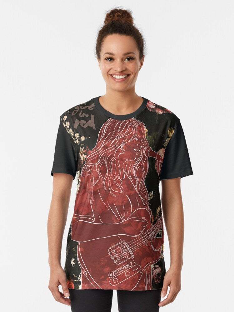 Indie rock-inspired graphic t-shirt featuring a girl in red design with roses - Women