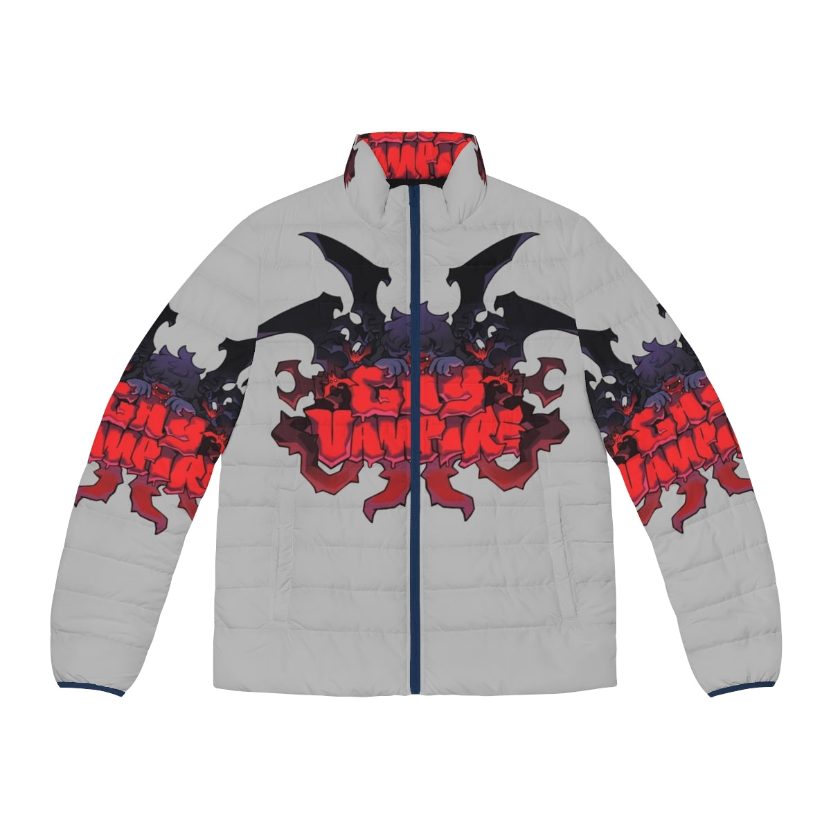 A vibrant puffer jacket featuring a gay werewolf design, perfect for outdoor enthusiasts.