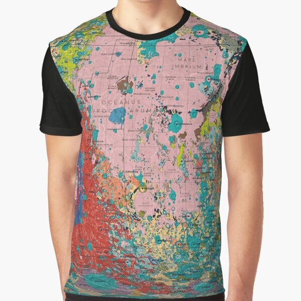 Graphic t-shirt featuring a detailed geological map of the moon, perfect for space and science enthusiasts.