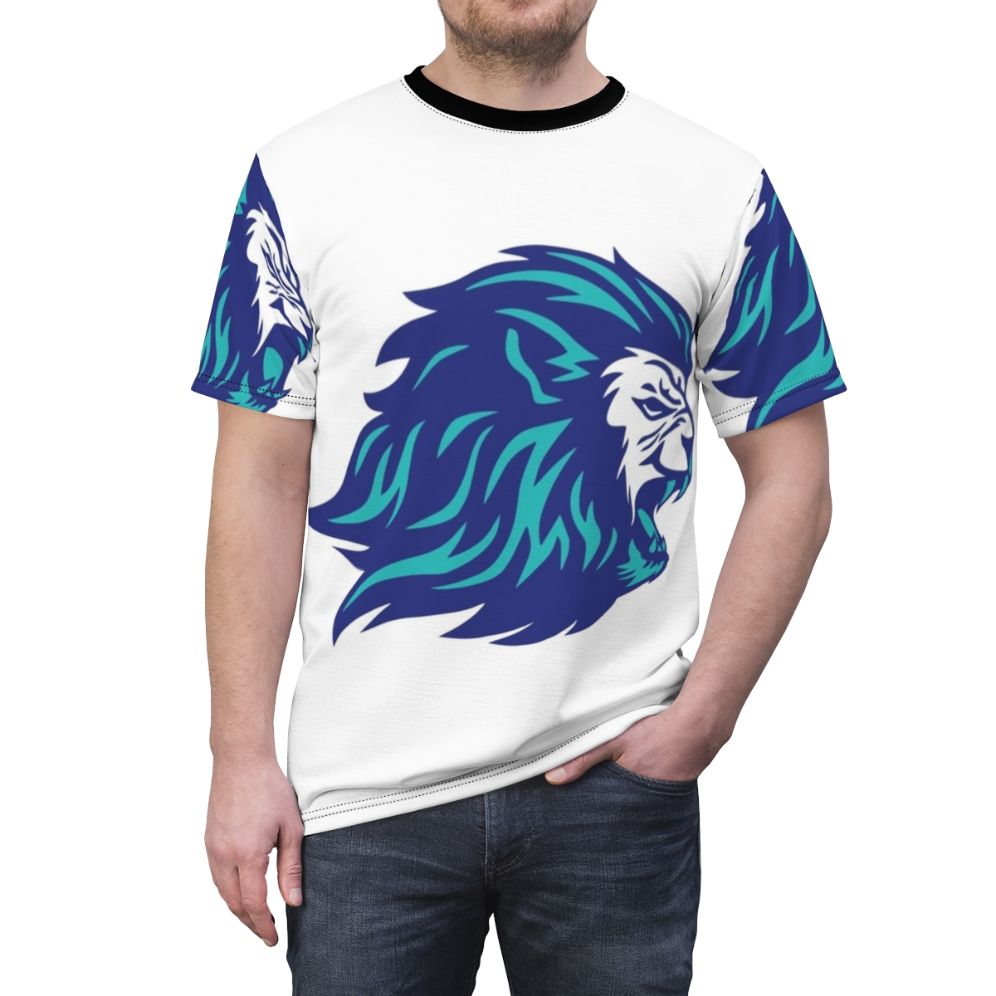 Blue lion graphic on a high-quality t-shirt - men front