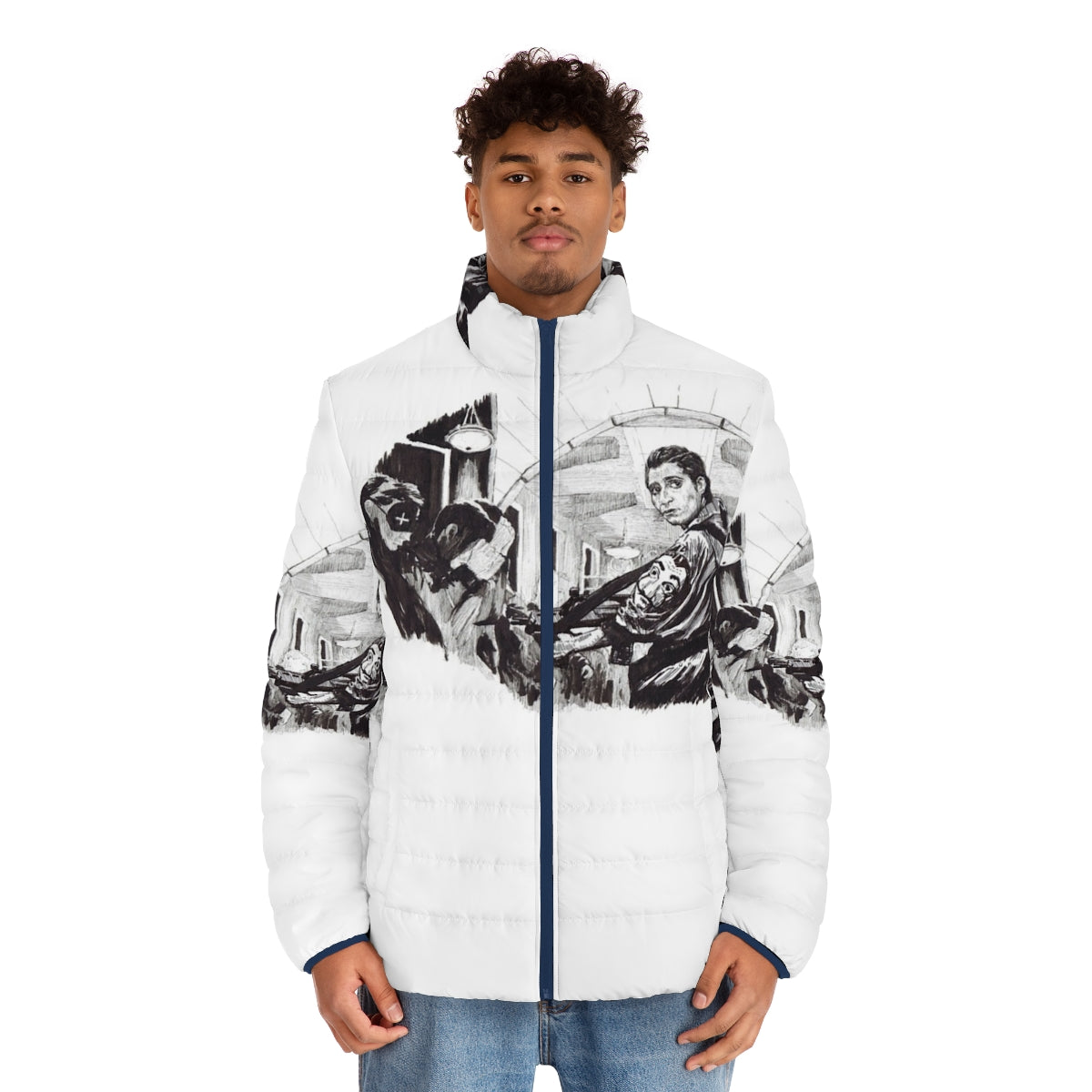 Money Heist Puffer Jacket featuring the iconic characters and imagery from the Netflix series - men front