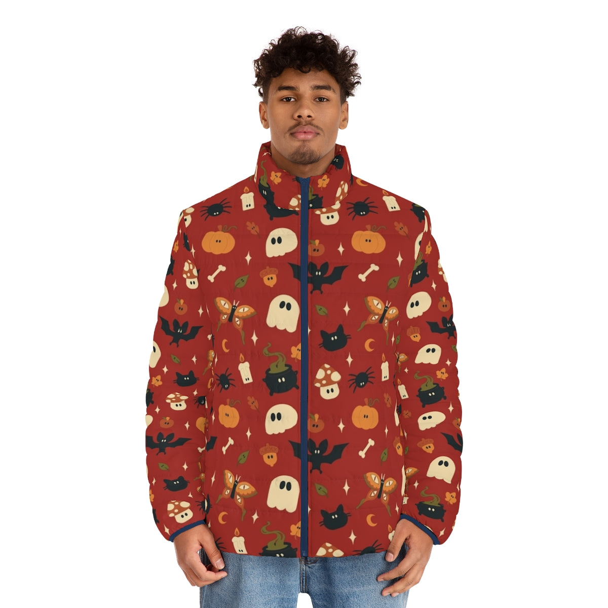 Spooky fall puffer jacket with pumpkin, mushroom, and spider designs - men front