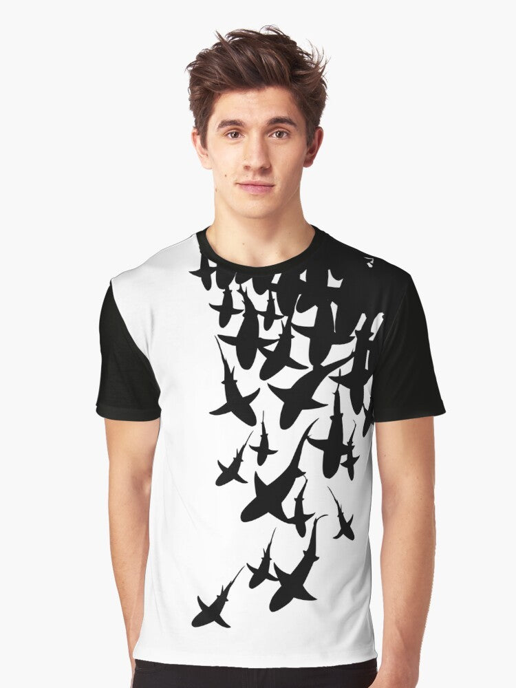 Shark graphic design on a black and white t-shirt - Men