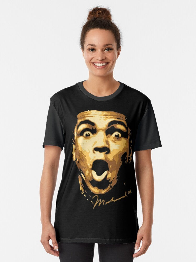 Vintage-style graphic t-shirt featuring a portrait of legendary boxer Muhammad Ali with motivational boxing-themed design - Women