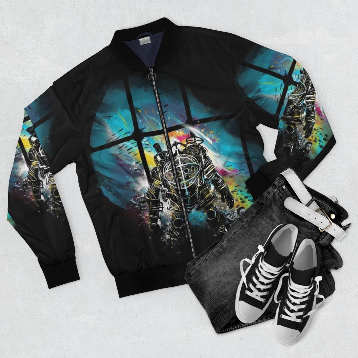 Bioshock-inspired watercolor-style bomber jacket featuring the iconic Mr. Bubbles character - Flat lay