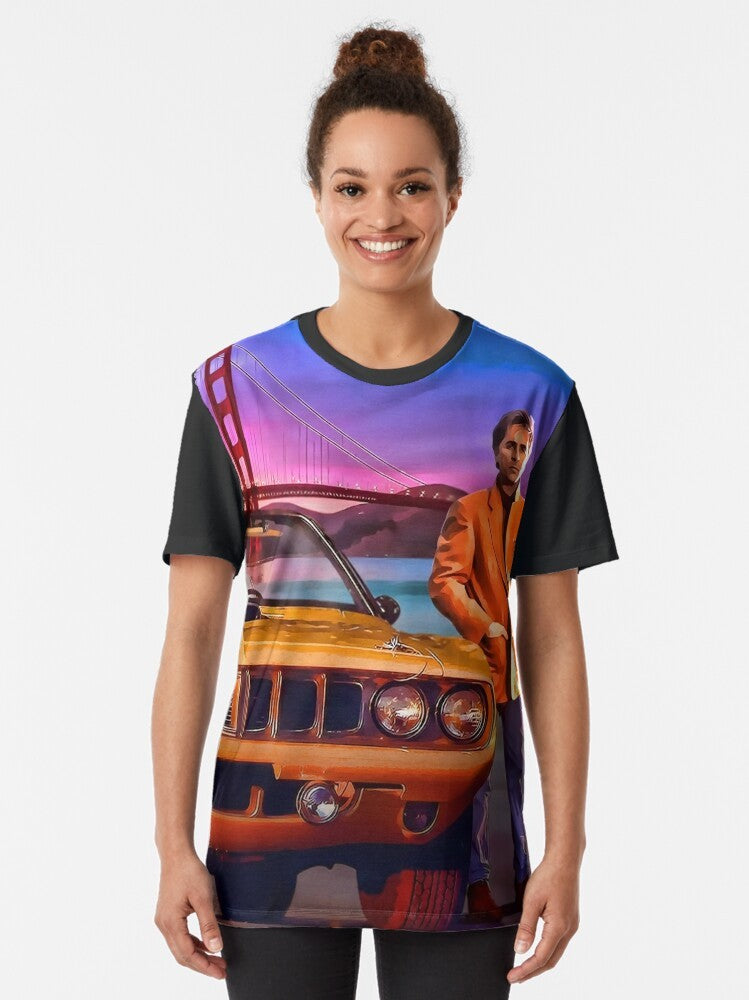 Nash Bridges San Francisco Graphic T-Shirt with Vintage Police Car, Golden Gate Bridge, and Sunset - Women