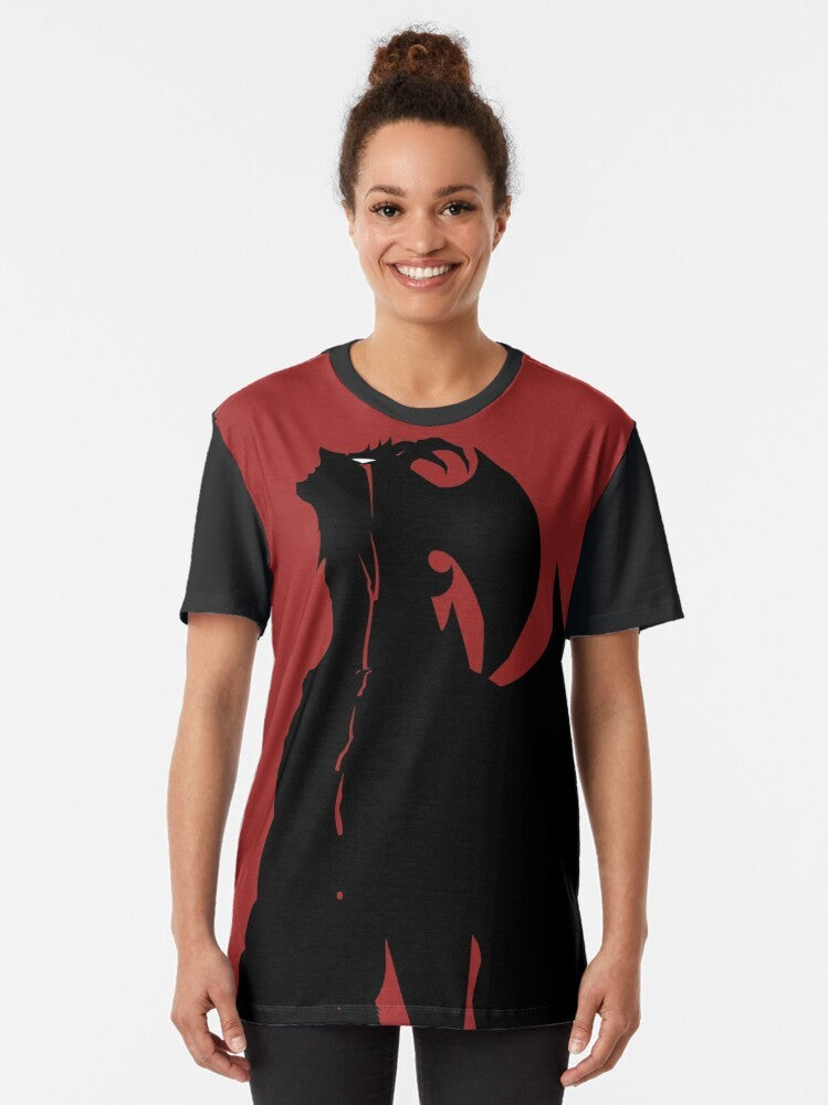 Devilman Crybaby anime-inspired graphic t-shirt featuring Akira, Ryo, and other characters in a bold, bloody design. - Women