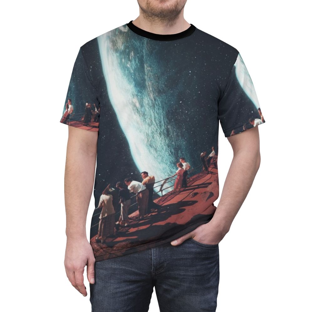 Retro future surreal collage t-shirt featuring a vintage-inspired space exploration design with planets, stars, and a sense of nostalgia. - men front