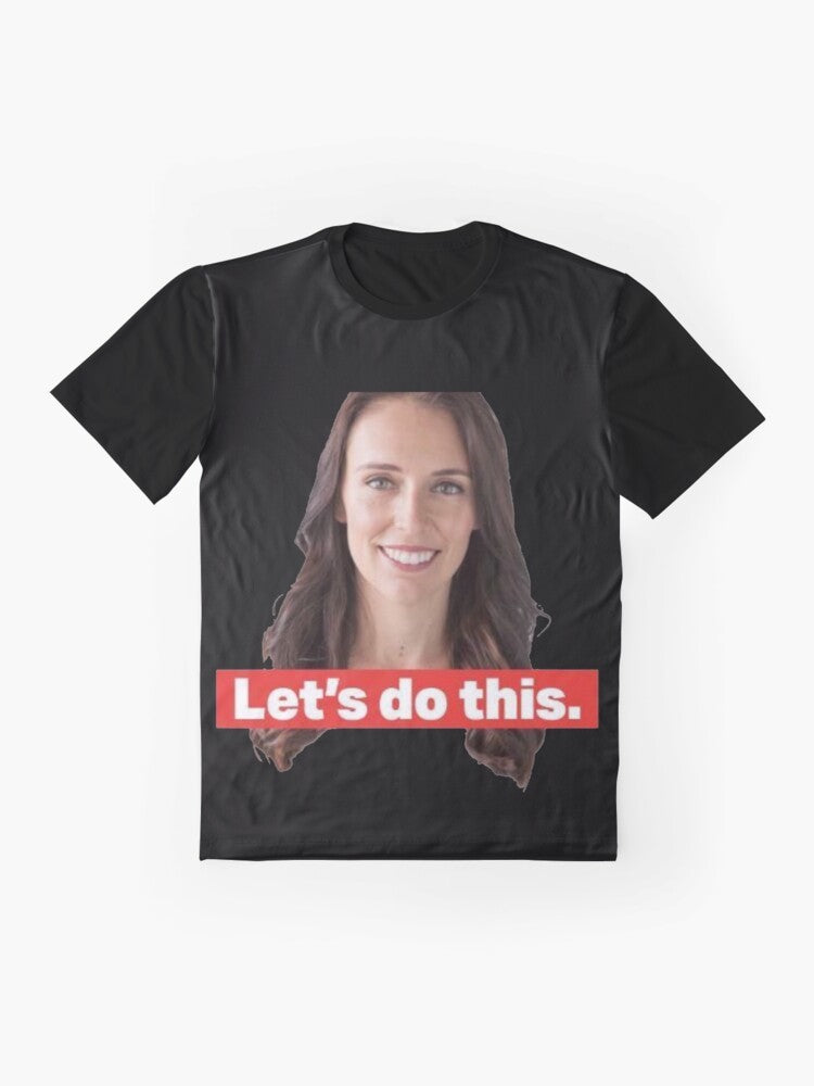 Jacinda Ardern, the Prime Minister of New Zealand, featured on a graphic t-shirt design. - Flat lay