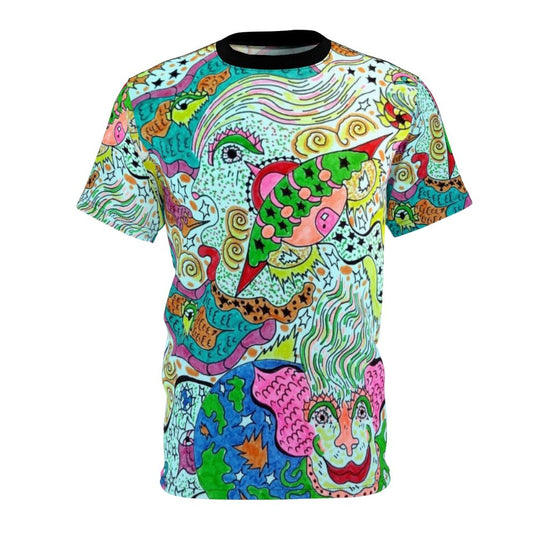 Psychedelic abstract art t-shirt with celestial, cosmic design