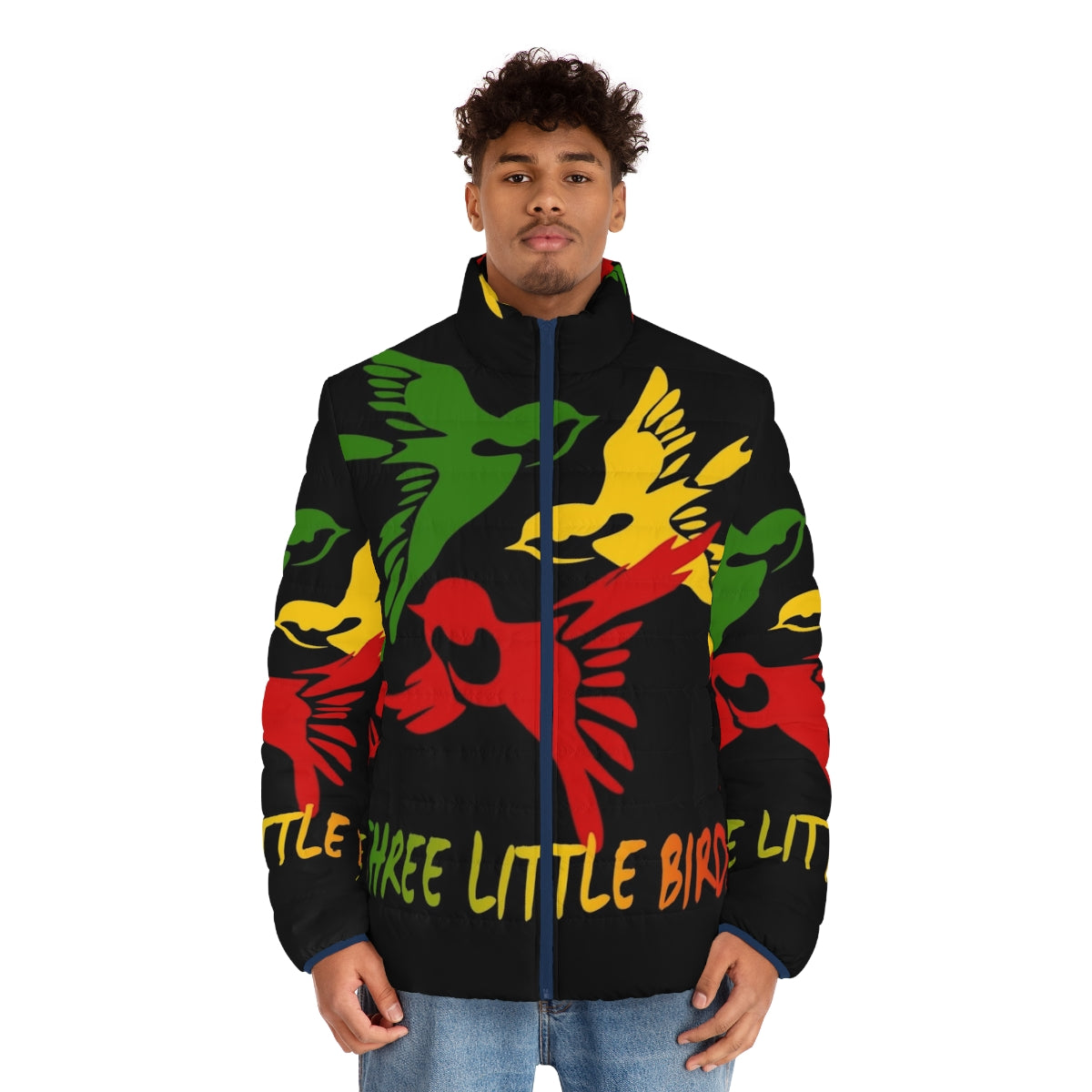 Three Little Birds Reggae Puffer Jacket with focus on reggae, rasta, and Jamaican style - men front