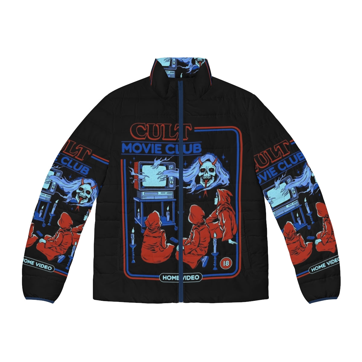 Cult Movie Club Vintage Puffer Jacket featuring retro horror film graphics